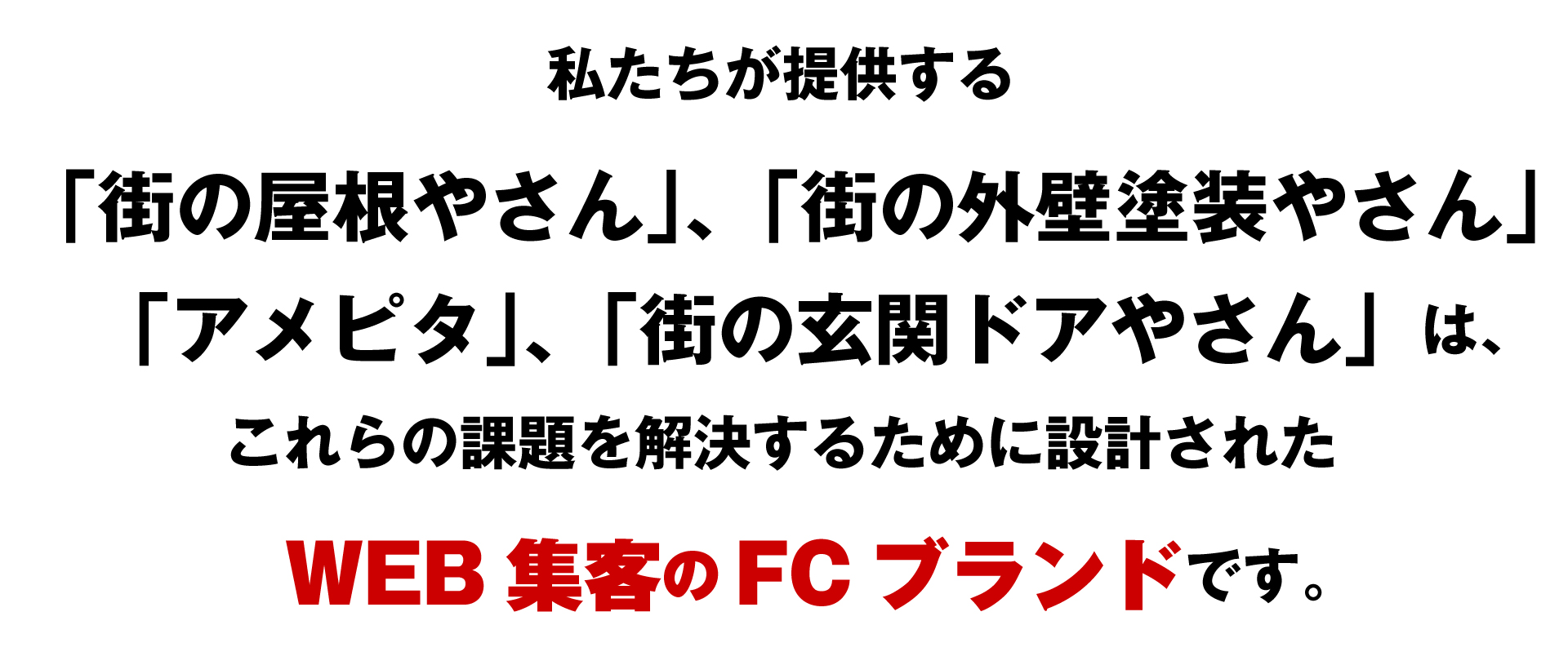 私たちが提供する「街の屋根やさん」、「街の外壁塗装やさん」、「アメピタ」、「街の玄関ドアやさん」は、これらの課題を解決するために設計されたWEB集客のFCブランドです。