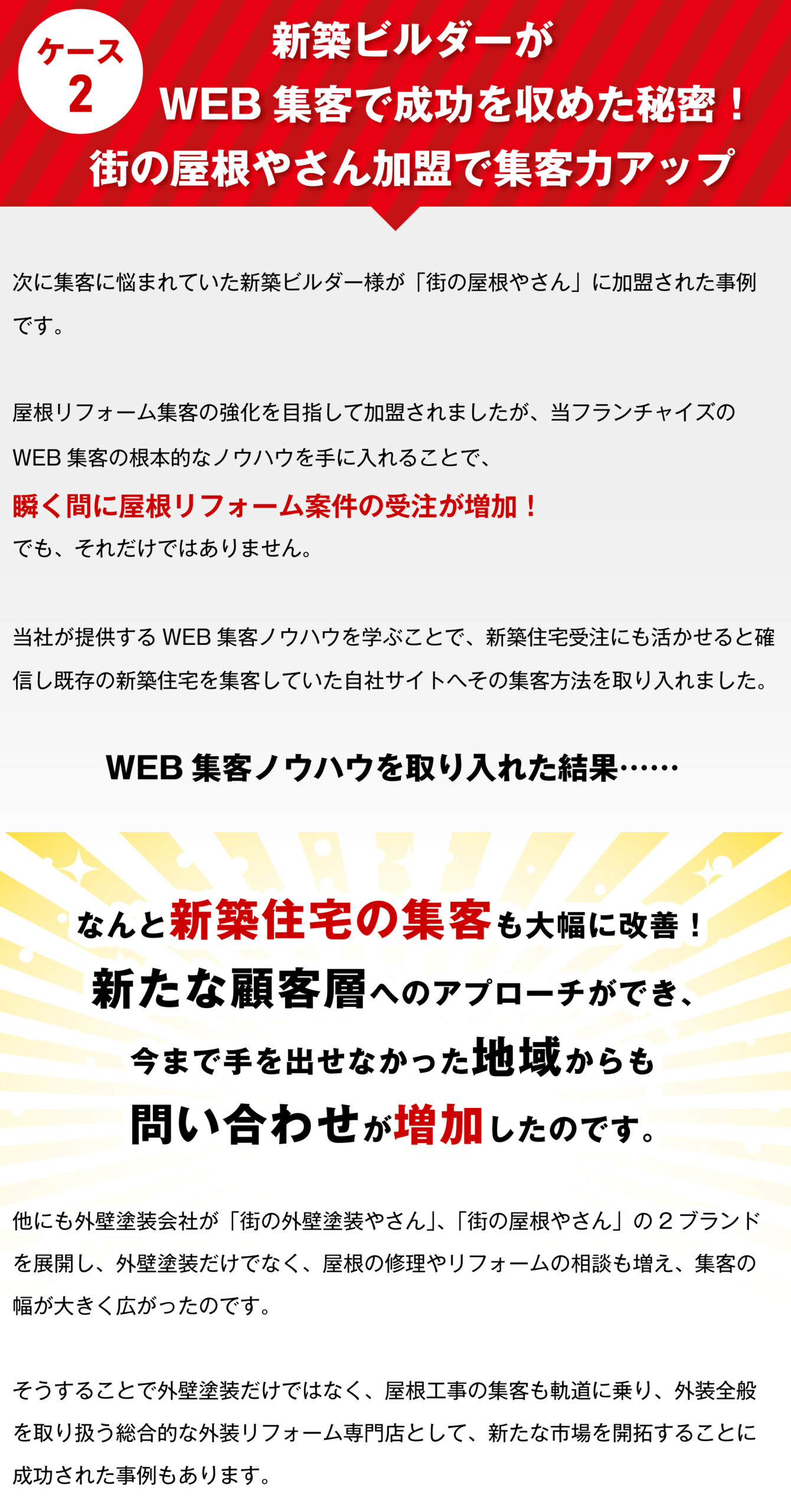 ケース②、新築ビルダーがWEB集客で成功を収めた秘密!街の屋根やさん加盟で集客力アップ